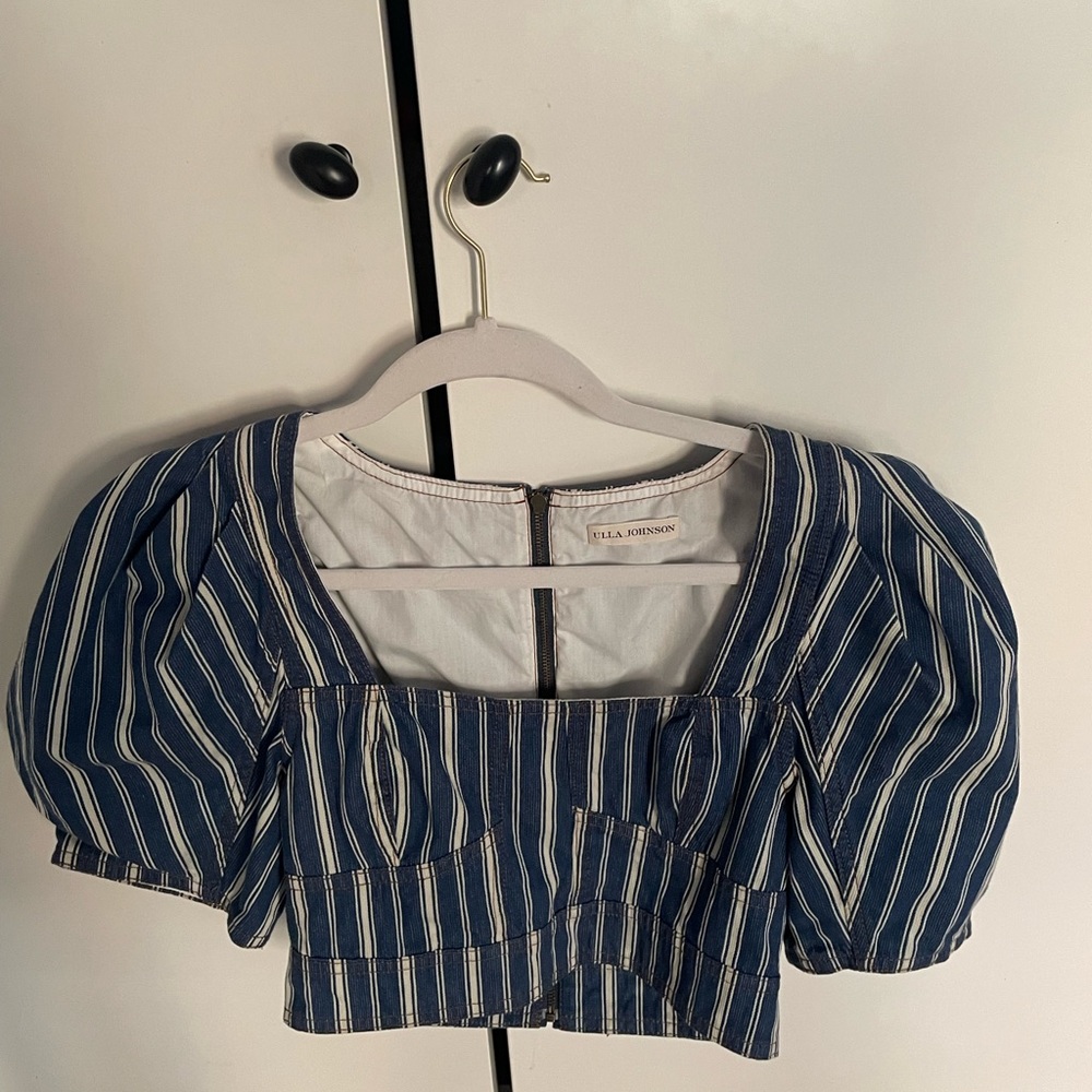 💙NEW 💙 Ulla Johnson Renee Puff Sleeve Crop Top Denim Striped